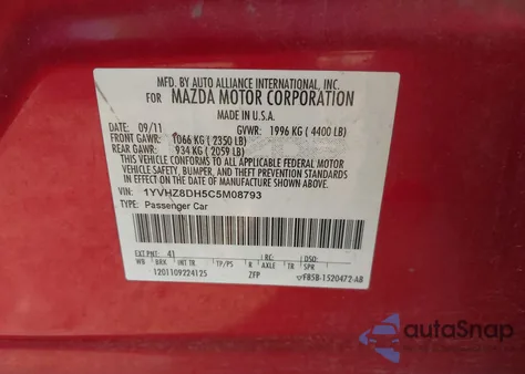 2012 Mazda Mazda6 I Touring из США, поврежденный, VIN 1YVHZ8DH5C5M08793